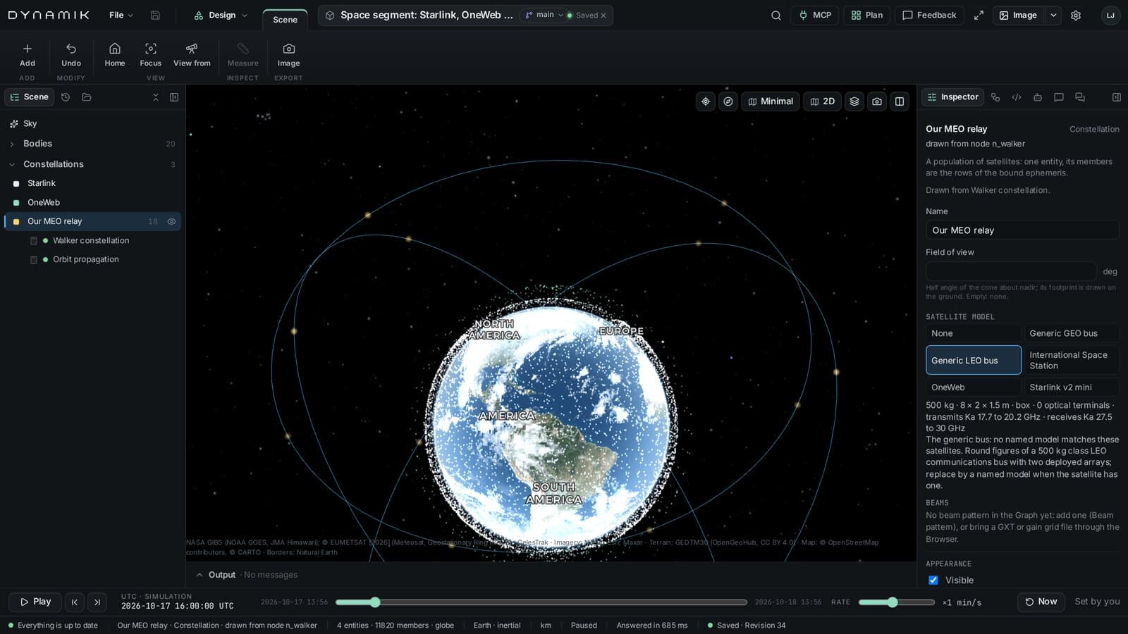 Dynamik Studio: 11,802 Starlink and OneWeb satellites from the catalog around the Earth, with a MEO relay constellation and its Inspector.