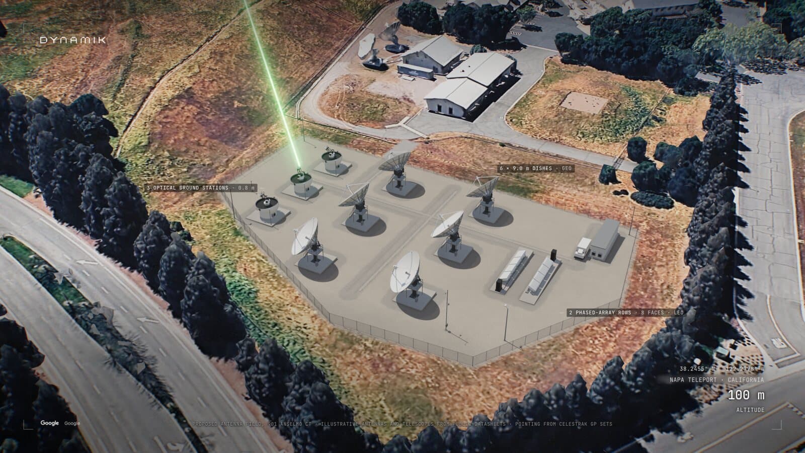 Launch film: an illustrative field of dishes, phased arrays and optical ground stations at the Napa teleport, California.